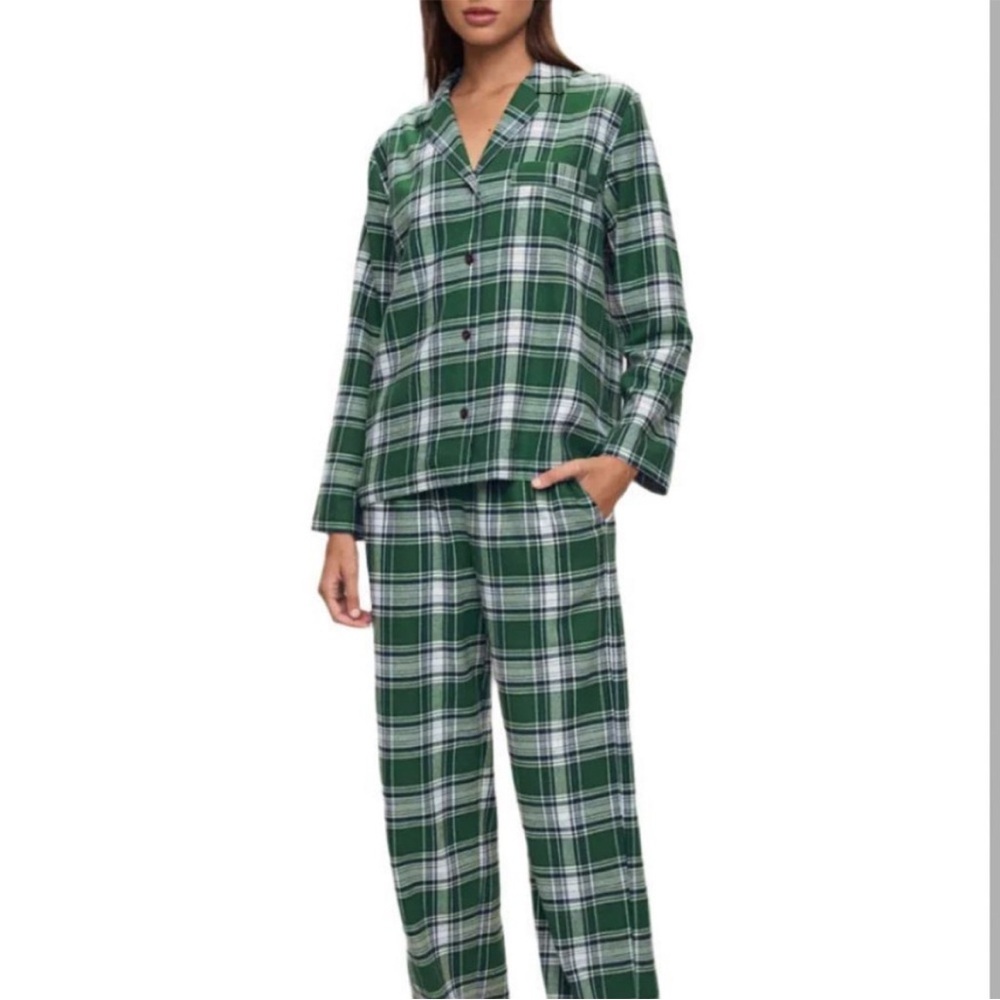 Eberjey Green Plaid Tartan Cotton Ling Sleeve Flannel Pajama Top Size L